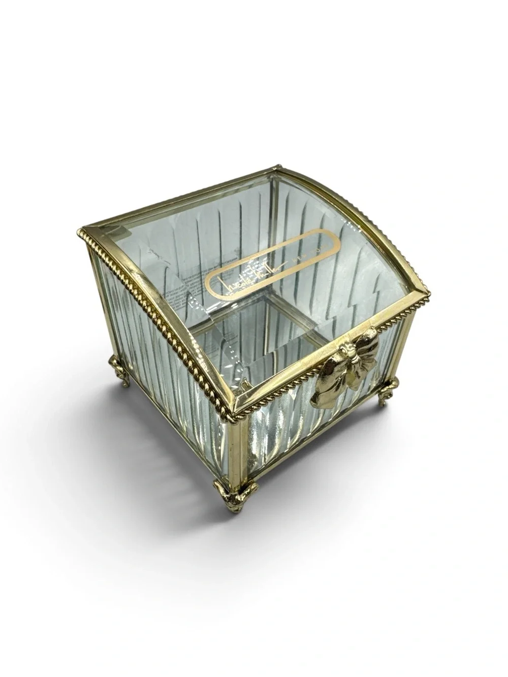 Nicole Miller New York Glass Gold Bow Jewelry Casket Trinket Box Coquette